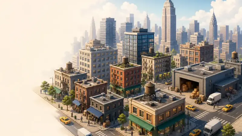 Original New York business district illustration for Big Ambitions Getting Started Guides